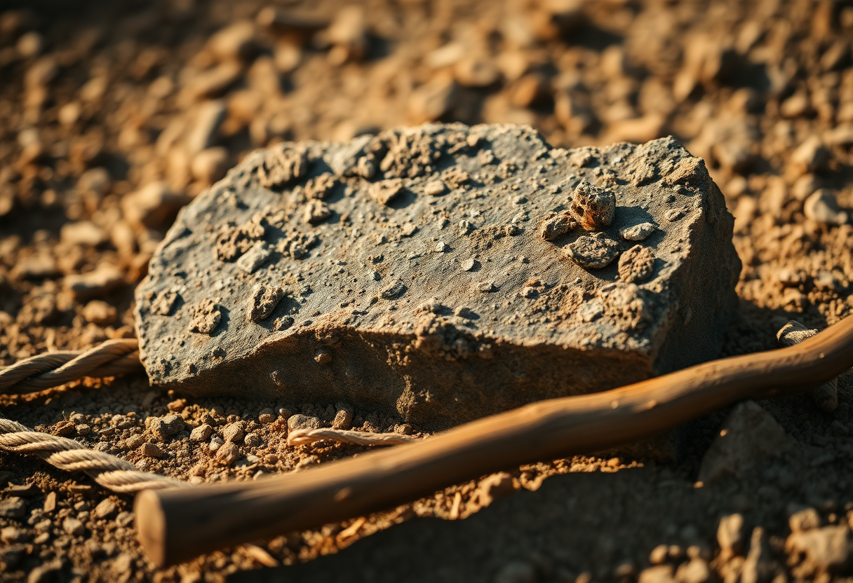 Photorealistic close-up of a single weathered bluestone fragment resting on dry earth, its surface speckled with lichen 