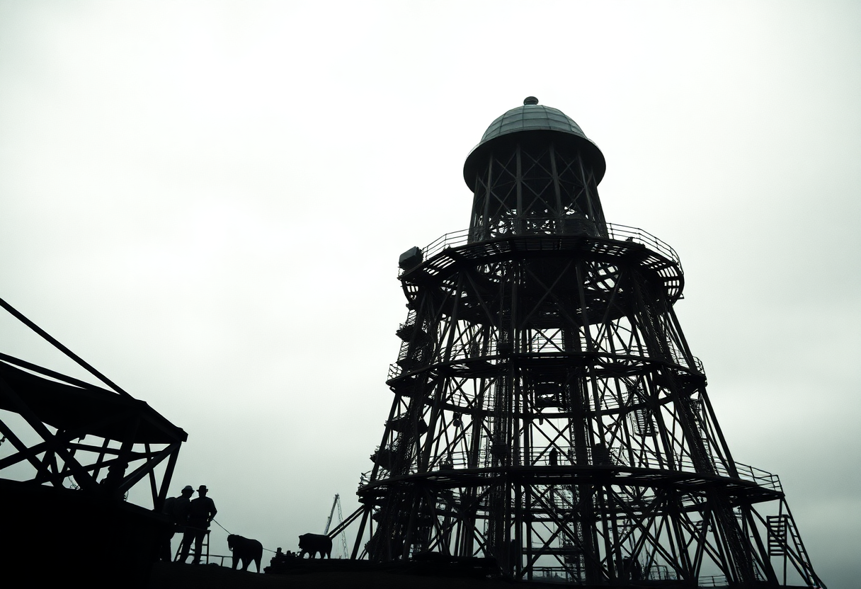 La torre de Wardenclyffe en construcción en Long Island, estructura de madera de gran altura con cúpula semiesférica en la cima.