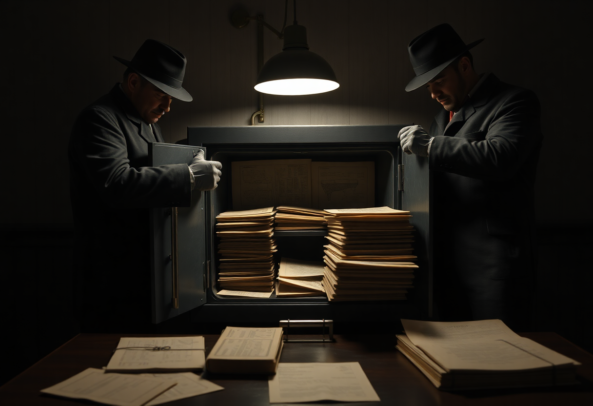 Photorealistic close-up of an open 1940s hotel safe being emptied by two federal agents in overcoats and fedora hats, gl