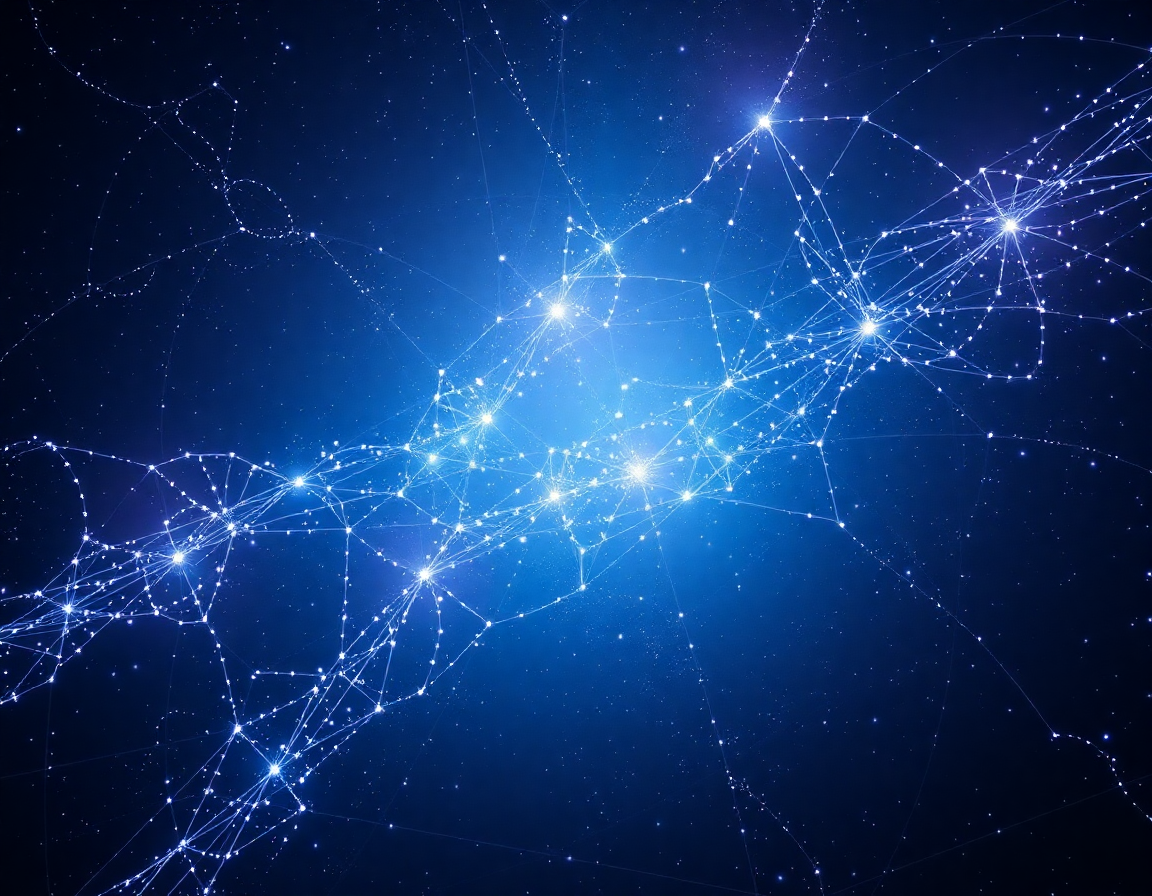 Representación abstracta de una red luminosa de nodos interconectados sobre un fondo cósmico oscuro, evocando integración de información a escala universal.
