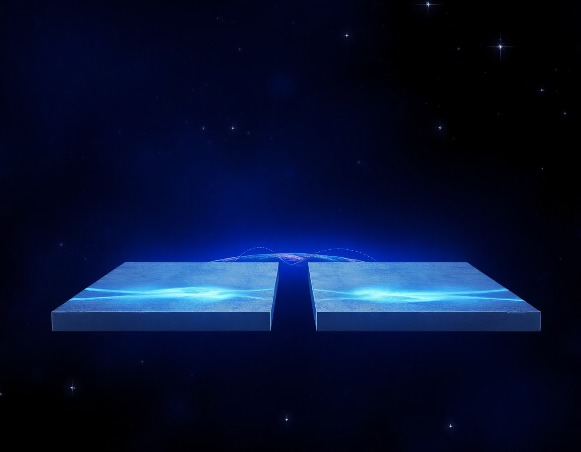 Representación abstracta de fluctuaciones cuánticas del vacío: un campo oscuro atravesado por pulsos de luz tenue y simétricos, sin materia visible.
