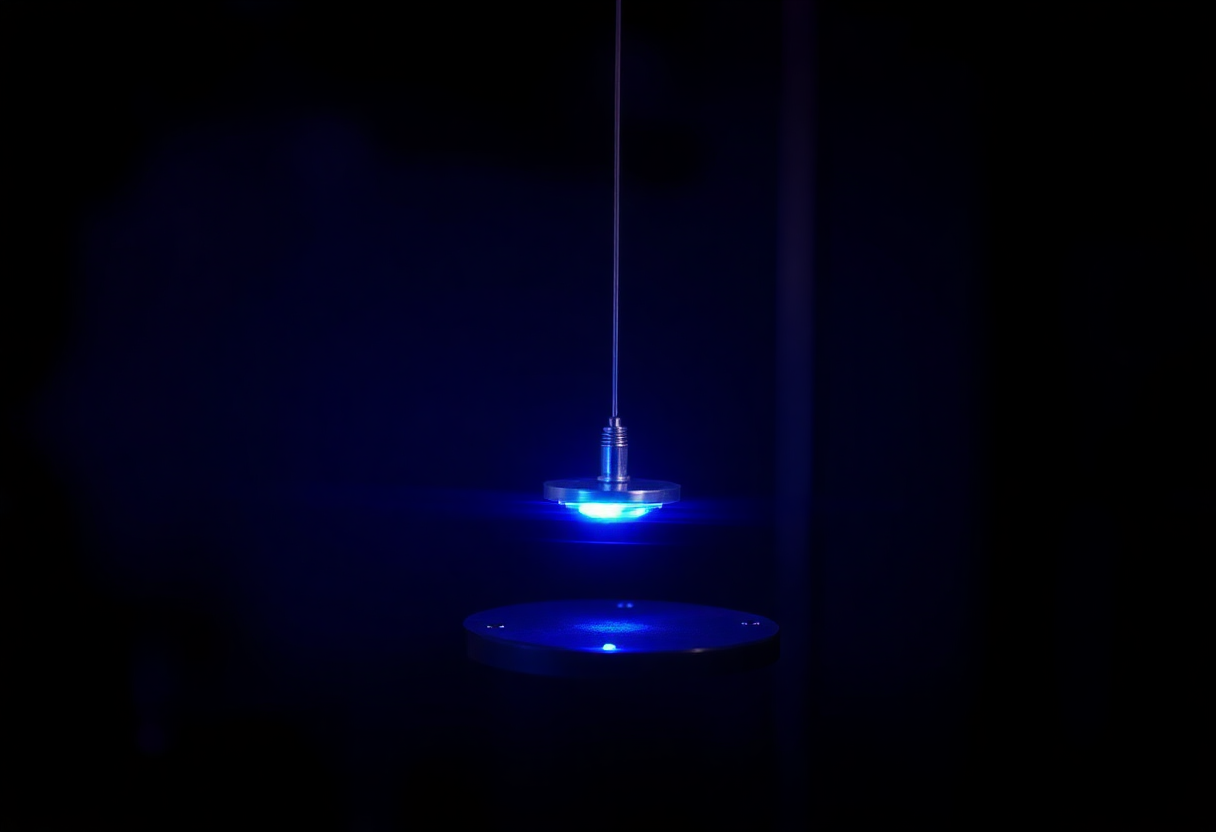 Close-up of a torsion pendulum apparatus from 1997 in a darkened laboratory, small metallic plates mounted at the end of