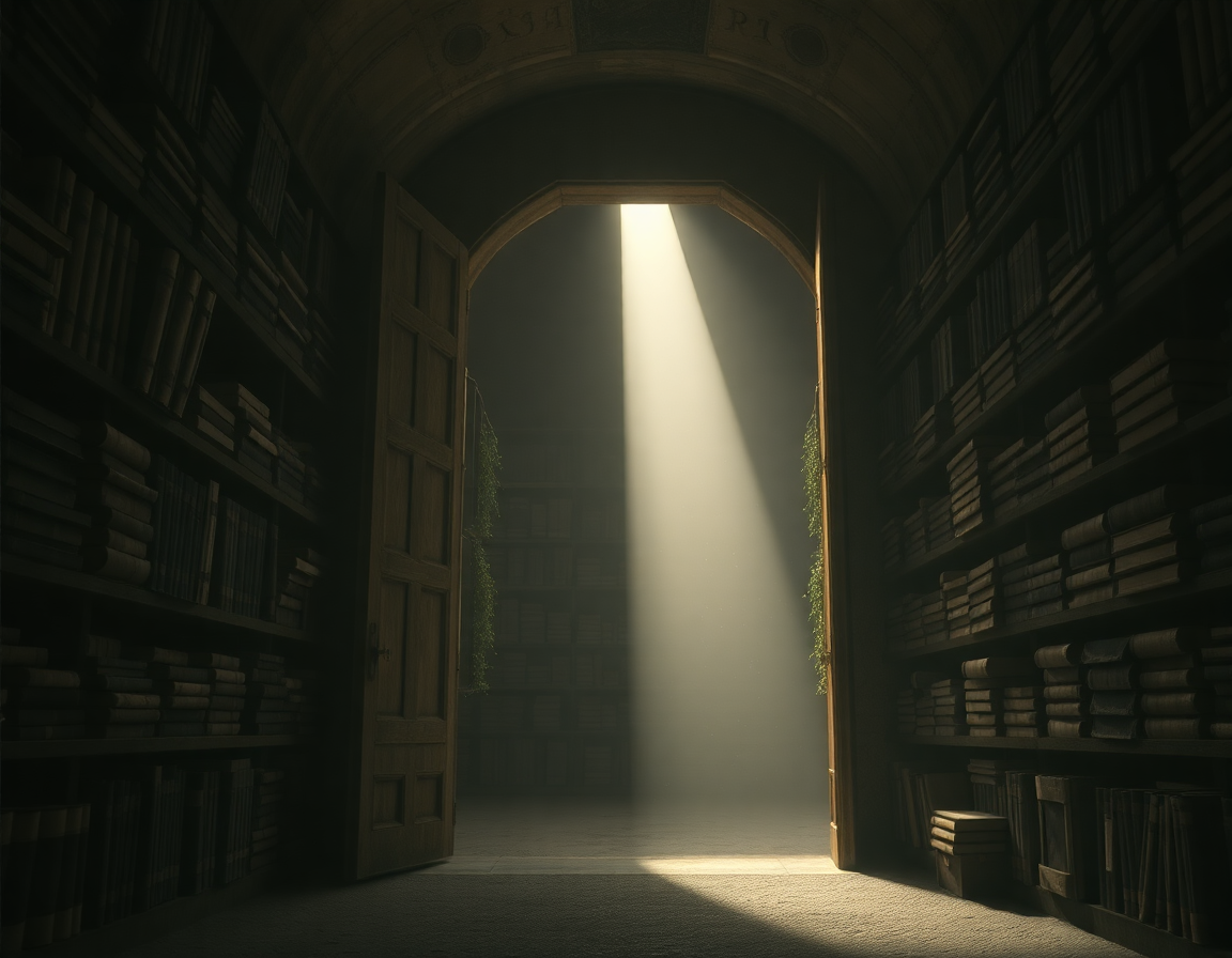 Photorealistic cinematic scene inside the Vatican Apostolic Archive, 2019. A massive reinforced steel door stands half-o