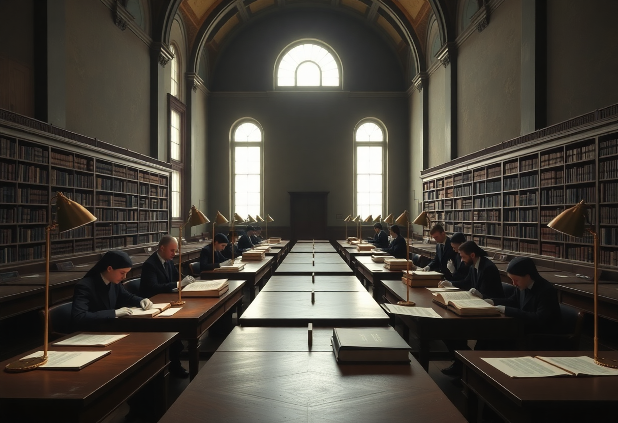 Sala de consulta del Archivo Apostólico Vaticano con investigadores trabajando sobre documentos encuadernados en piel y lámparas de mesa individuales