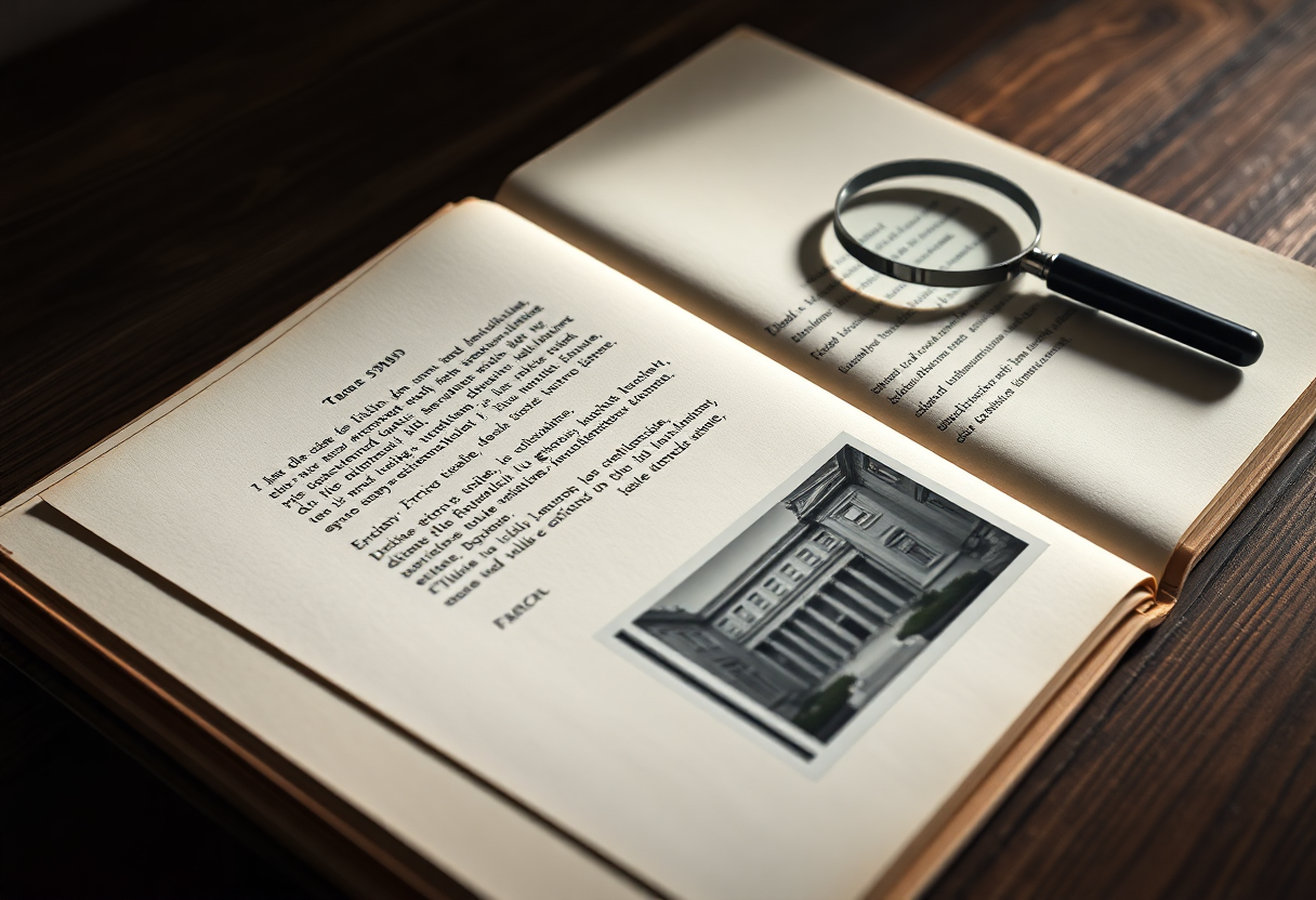 Photorealistic extreme close-up of an open archival folder on a wooden table, 2019. Inside, a typewritten page in Italia
