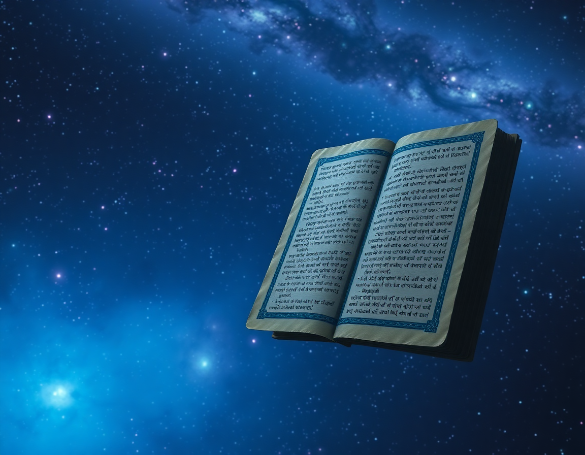 Cinematic photorealistic wide shot of a vast cosmic void in deep blues, purples and blacks, a lone ancient palm-leaf San
