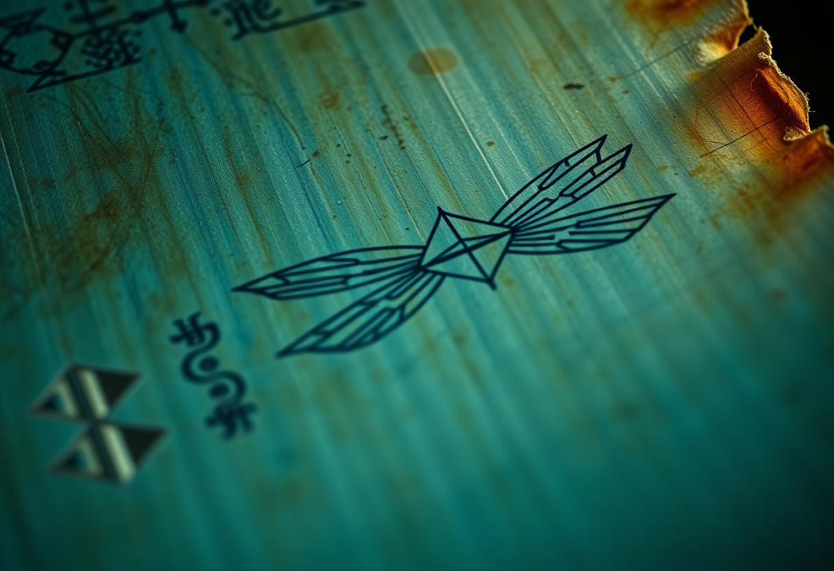 Manuscrito sánscrito sobre hoja de palma con diagramas geométricos de un vehículo volador, líneas de tinta desgastadas